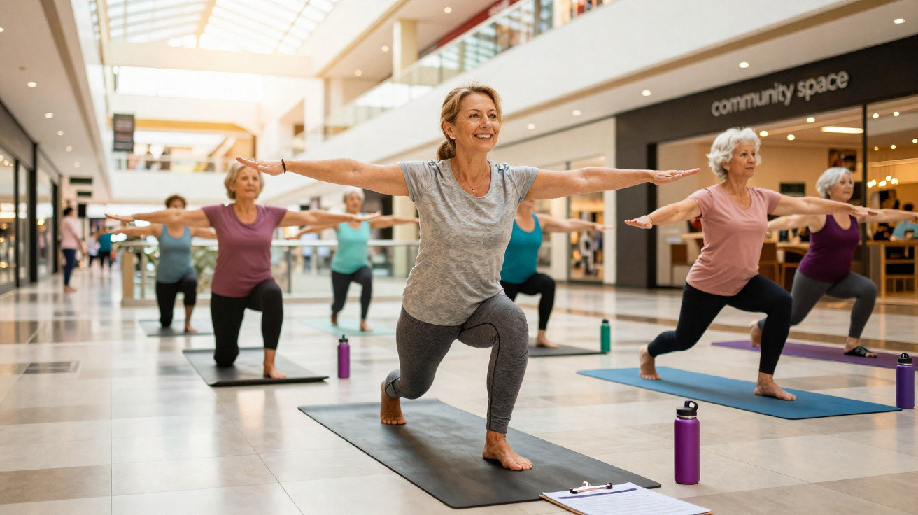 Group of older women practising yoga lunges on mats in an indoor community space.