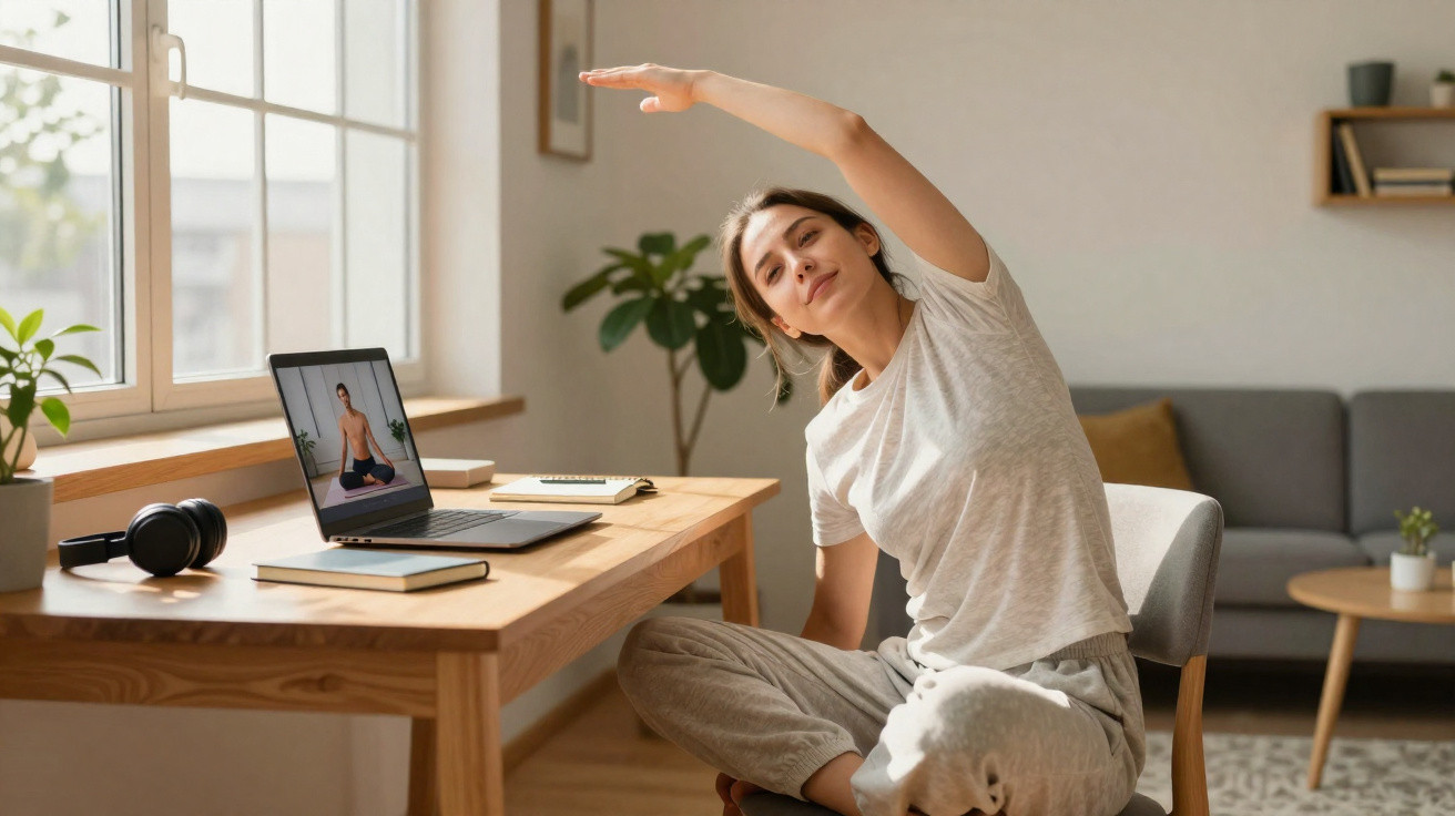 Woman following an online yoga class, stretching arm while seated on a chair in a bright living room.