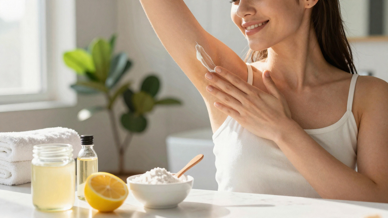 Woman applying natural deodorant cream to underarm with lemon, oils, and towels on table nearby