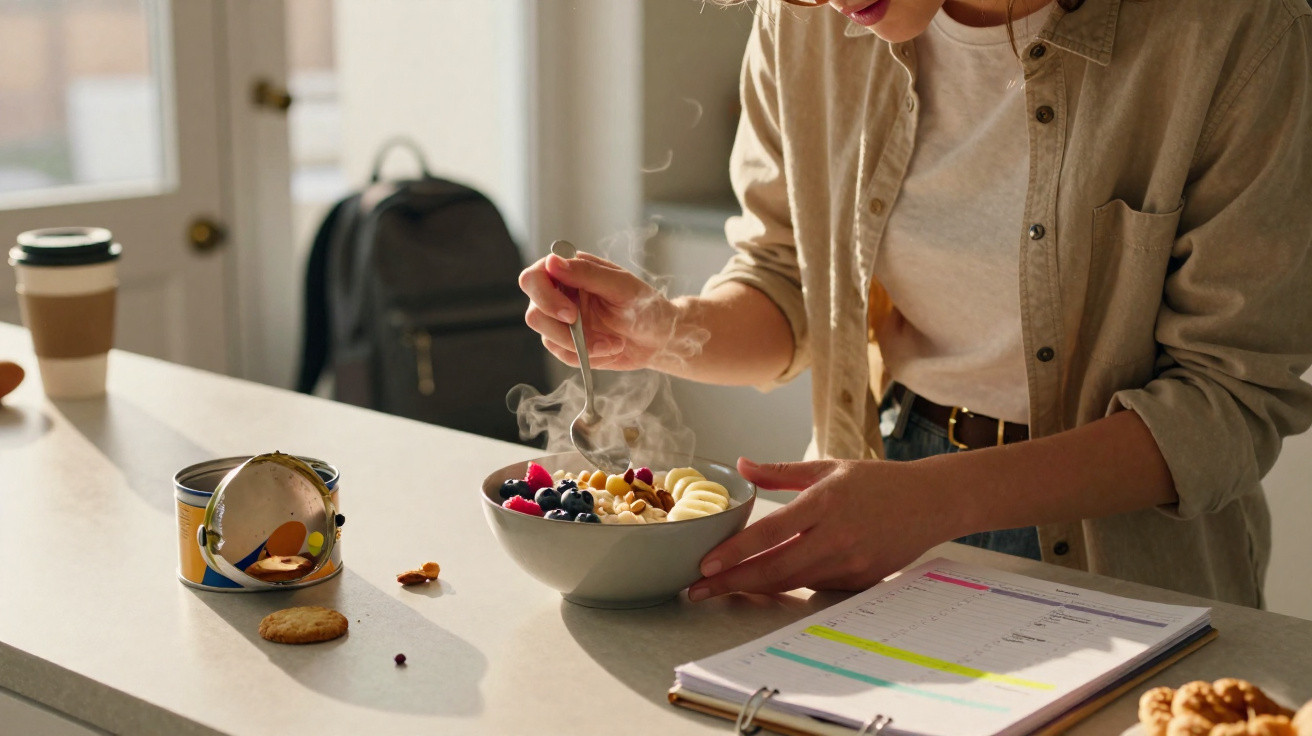 Person holding a spoon over a steaming bowl of fruit and nuts on a kitchen counter with a planner nearby.