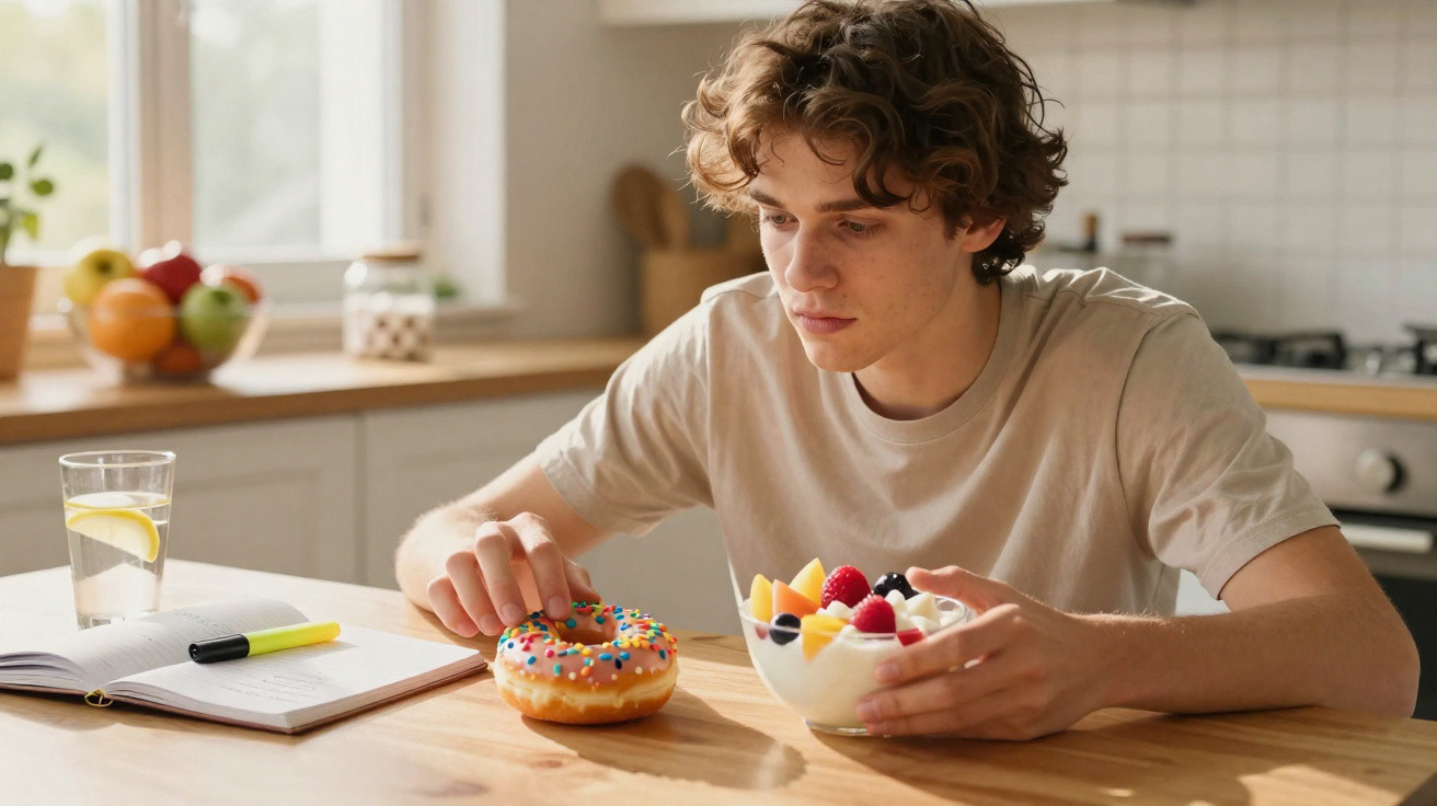 Young man in kitchen choosing between a sprinkled doughnut and a bowl of fruit with yoghurt on a wooden table