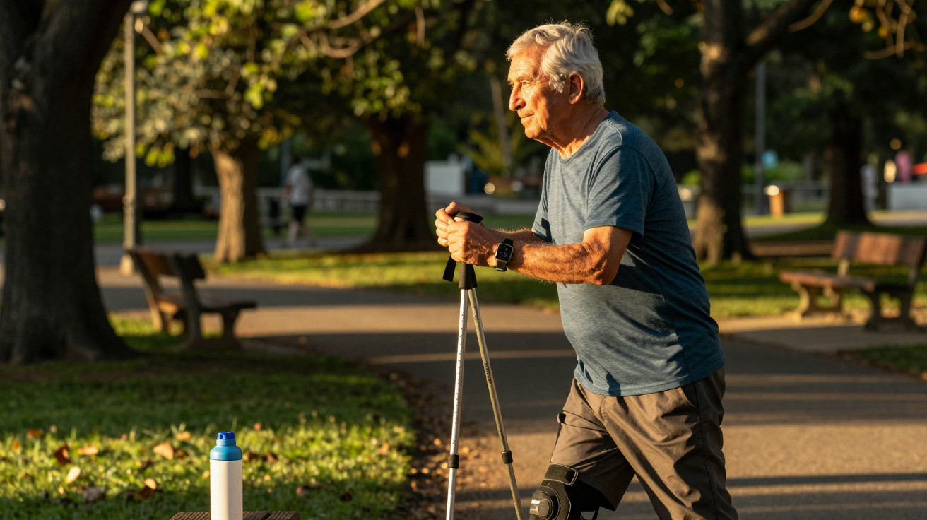 Elderly man in sportswear stretching with walking poles in a sunlit park near a bench and water bottle.