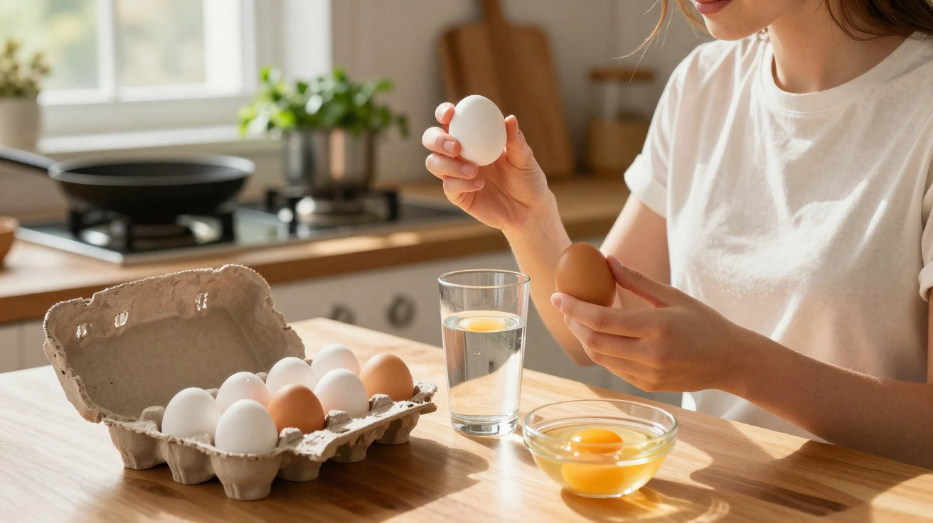 Person holding a white and brown egg next to a bowl with cracked eggs and a carton on a kitchen table.