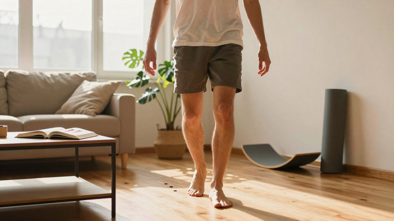 Barefoot person walking on wooden floor in a sunlit living room with sofa, plant, and balance board.