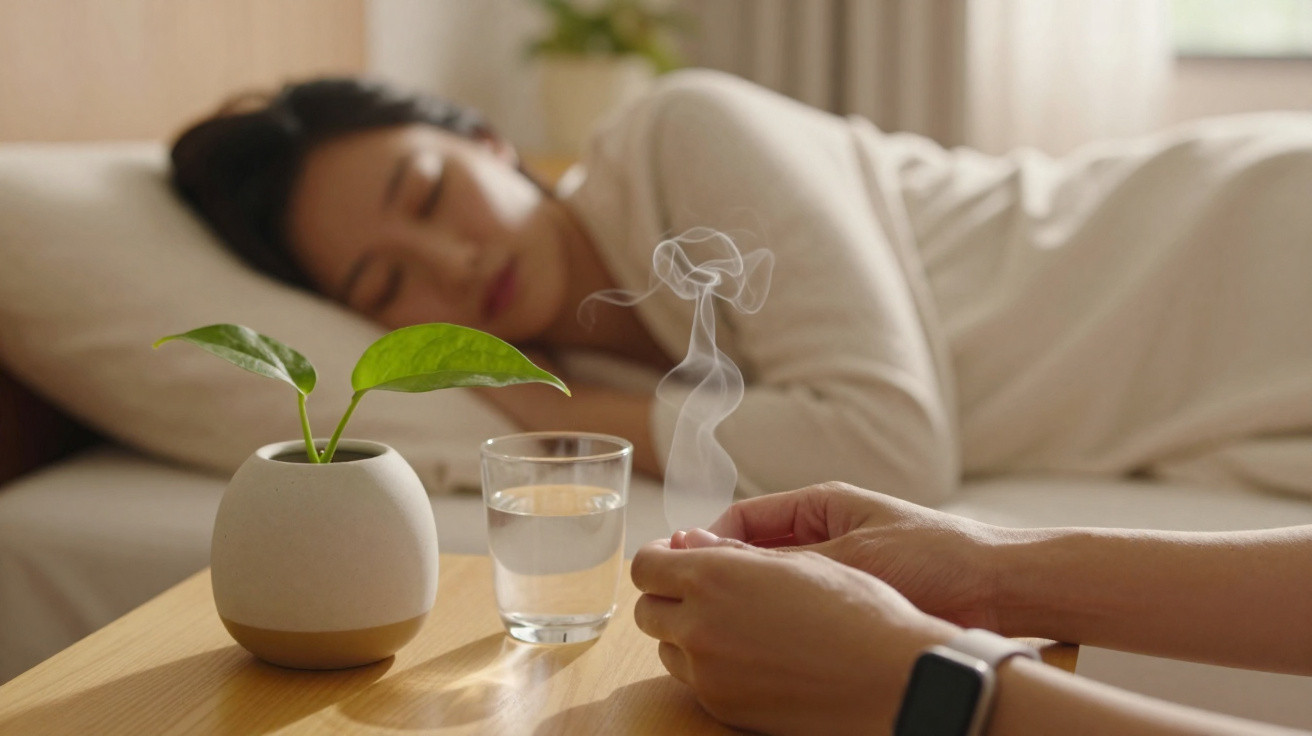 Person holding a lit incense stick with smoke rising beside a plant and glass of water, woman sleeping in background.