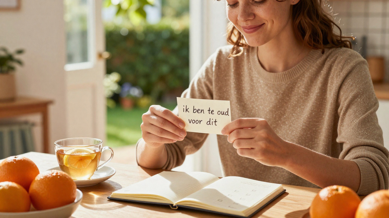 Woman sitting at a table holding a card with Dutch text, notebook, tea, and oranges on the table.