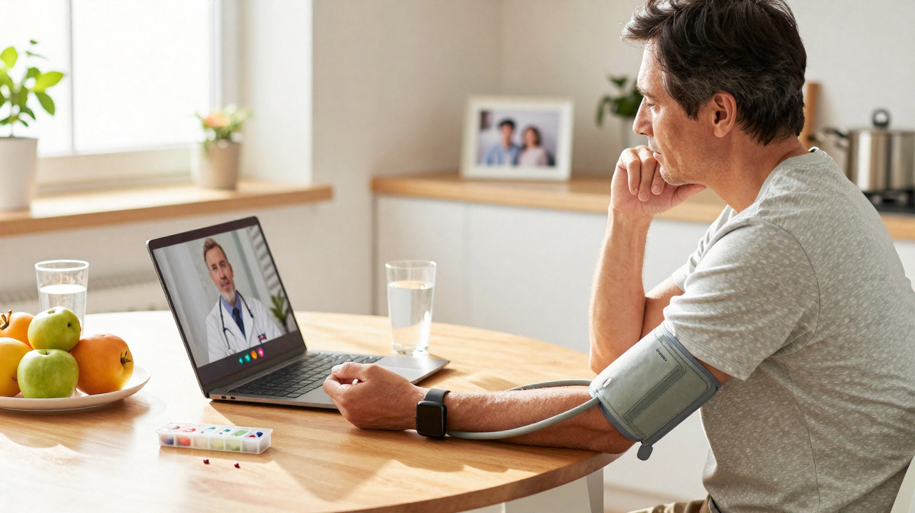 Man wearing a blood pressure cuff having a video consultation with a doctor on a laptop at a kitchen table.