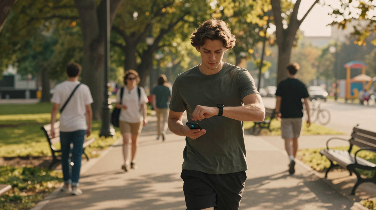 Young man in sportswear checking smartwatch while walking on a sunny park path with other pedestrians.