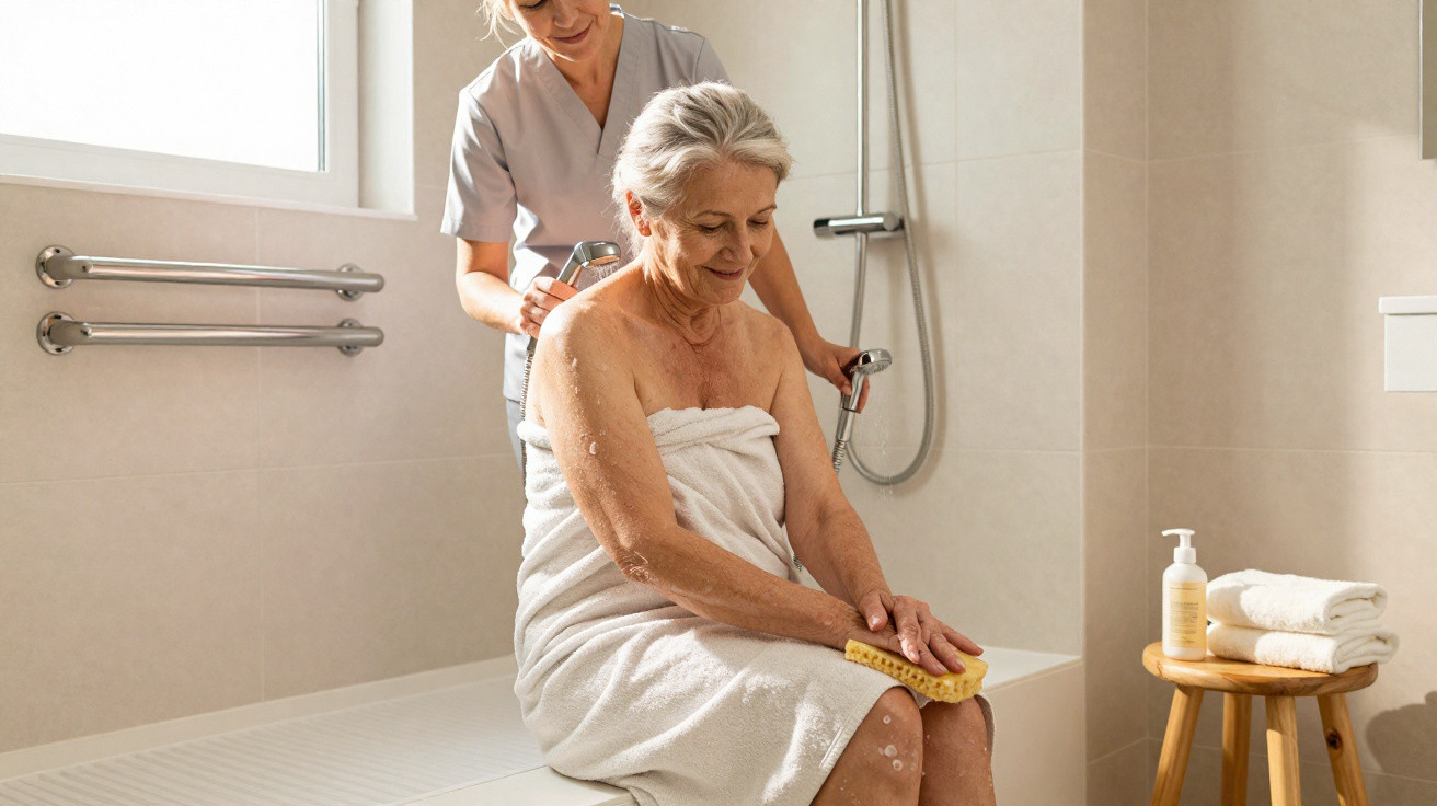 Caregiver helping elderly woman wash in accessible bathroom, seated on shower bench wrapped in towel.