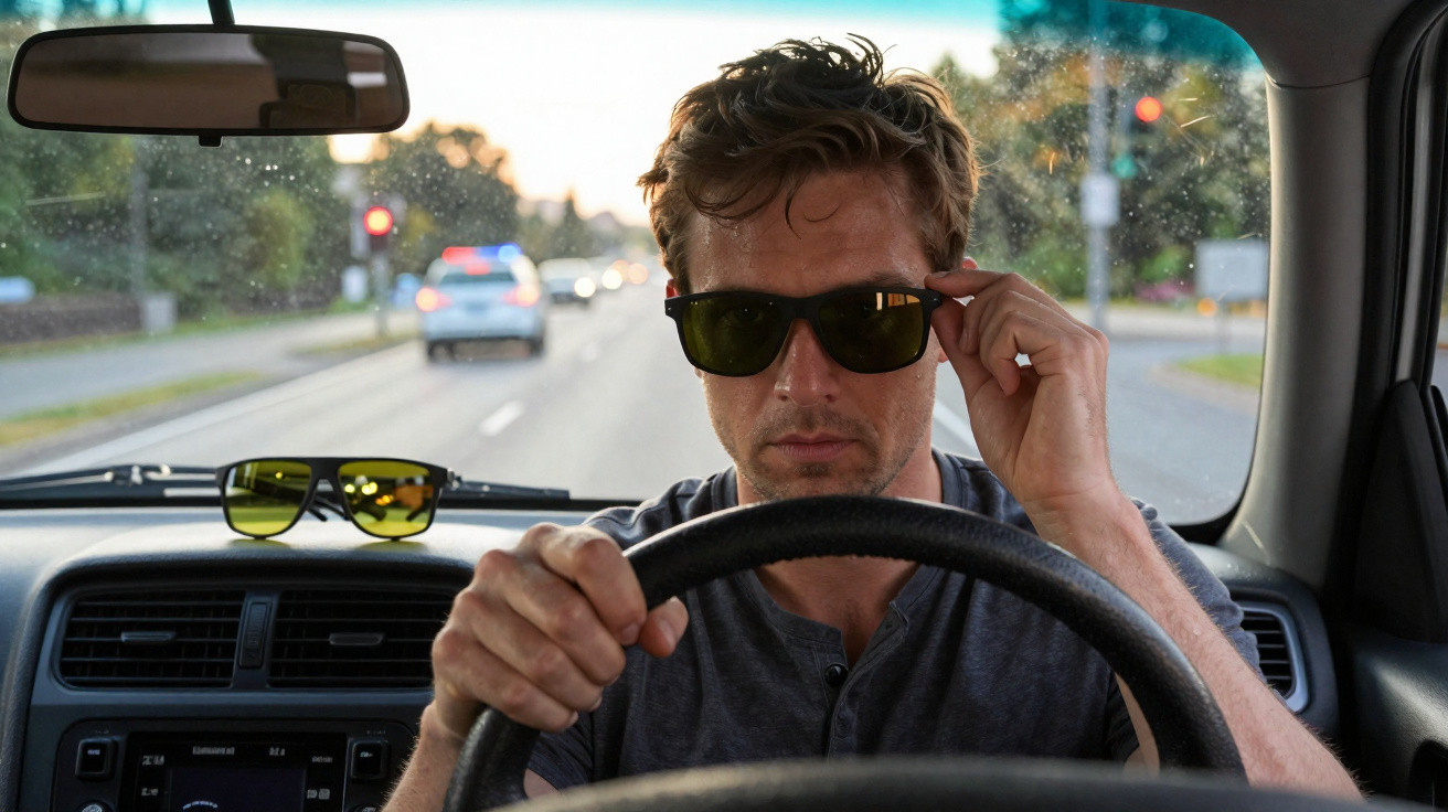Man wearing sunglasses driving a car on a city road during sunset with traffic ahead.