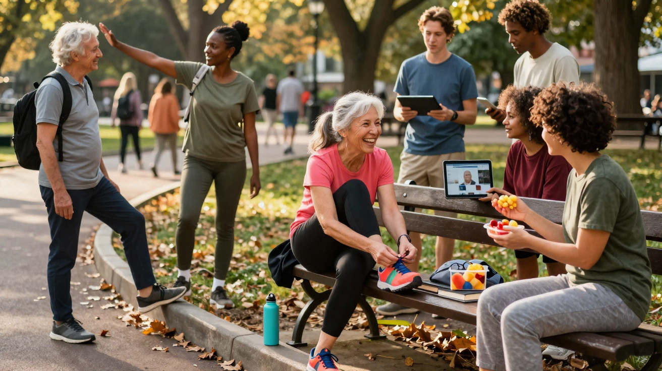 Diverse group of people socialising and preparing for exercise in a park on a sunny day.