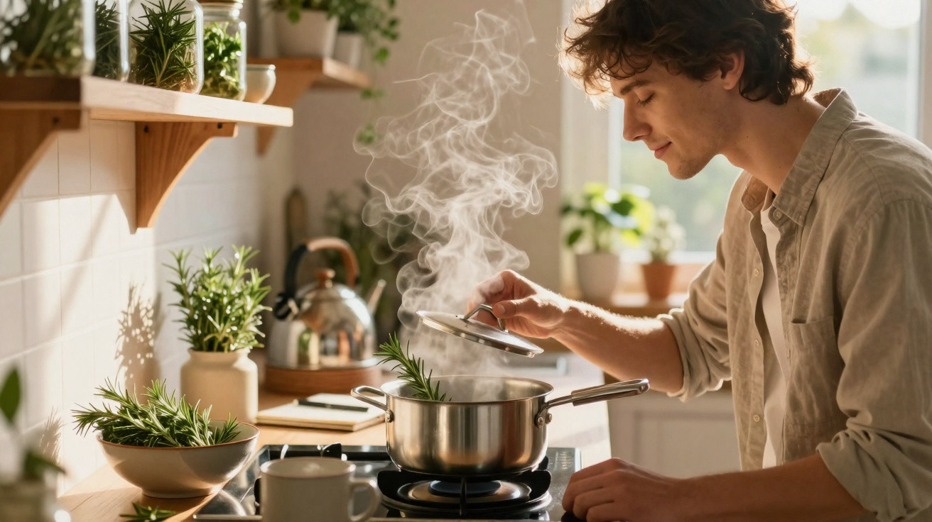 Young man lifting lid off a steaming saucepan on a stove in a bright kitchen with herbs nearby.