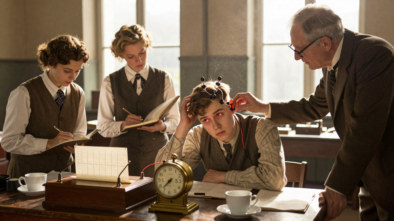 A young man with electrodes attached to his head, two observers taking notes, and an older man adjusting the device.