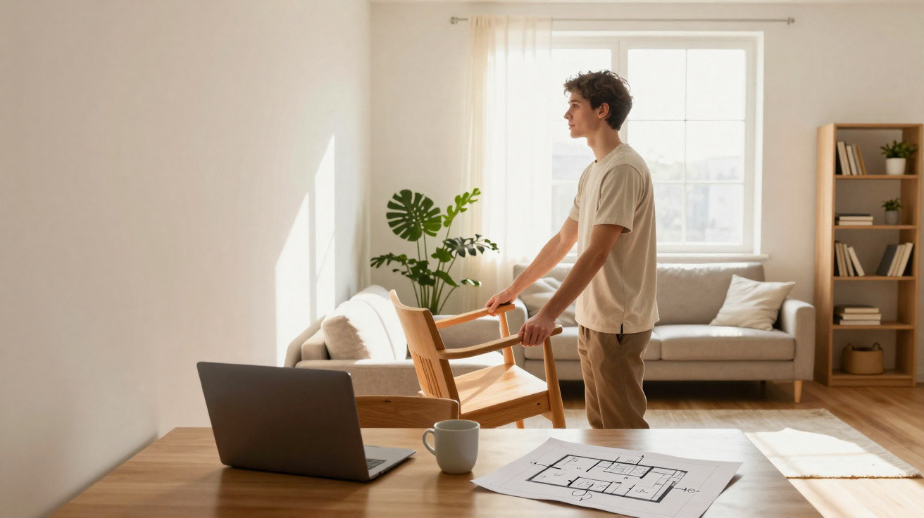 Young man adjusting chair in sunlit living room with laptop, floor plan, plants, and bookshelf in background.
