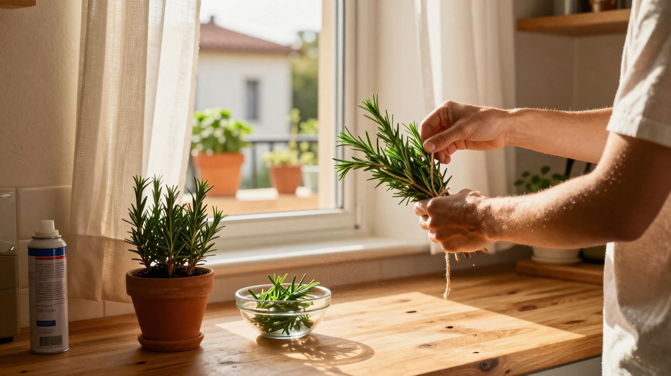 Person holding fresh rosemary over wooden kitchen counter with potted herbs near a sunlit window.