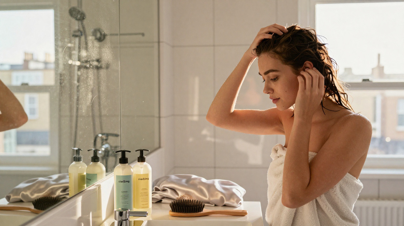 Woman wrapped in a towel adjusting her hair in a sunlit bathroom with toiletries and a hairbrush on the counter.