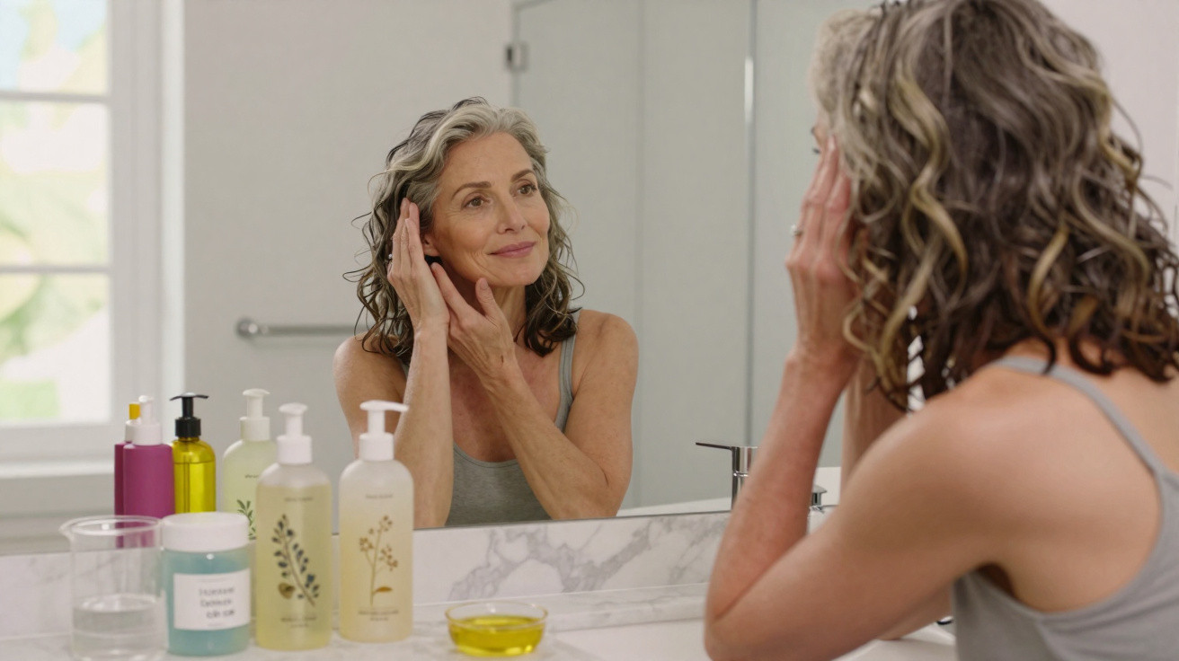 Middle-aged woman with grey hair applying skincare in bathroom mirror with various products on the counter.