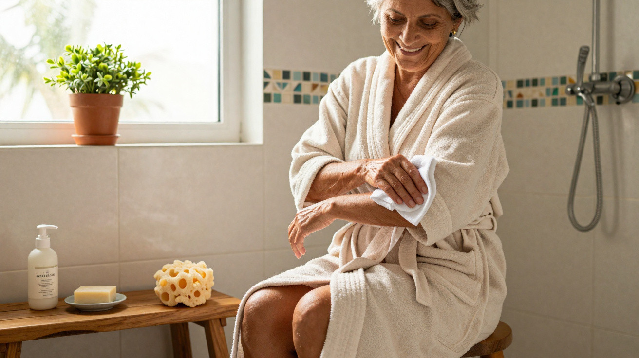 Elderly woman in a bathrobe sitting on a stool, drying her arm with a towel in a bright bathroom.
