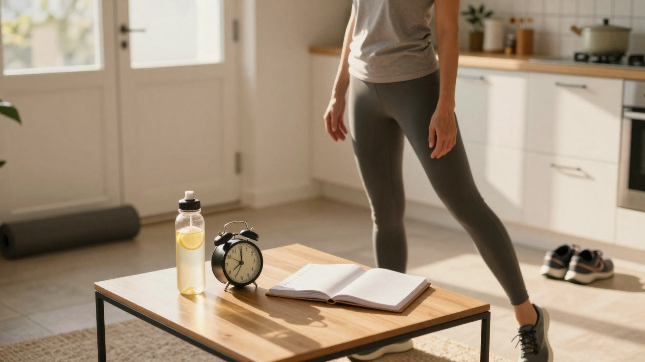 Person stretching in kitchen with water bottle, alarm clock, and open notebook on table.