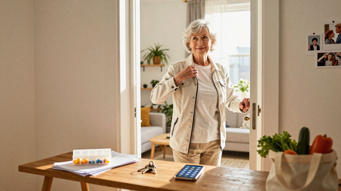 Senior woman entering a bright living room through sliding doors with medication organiser and keys on table.
