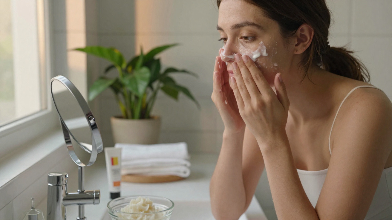 Woman applying facial cream in bathroom with a mirror and plant in the background.