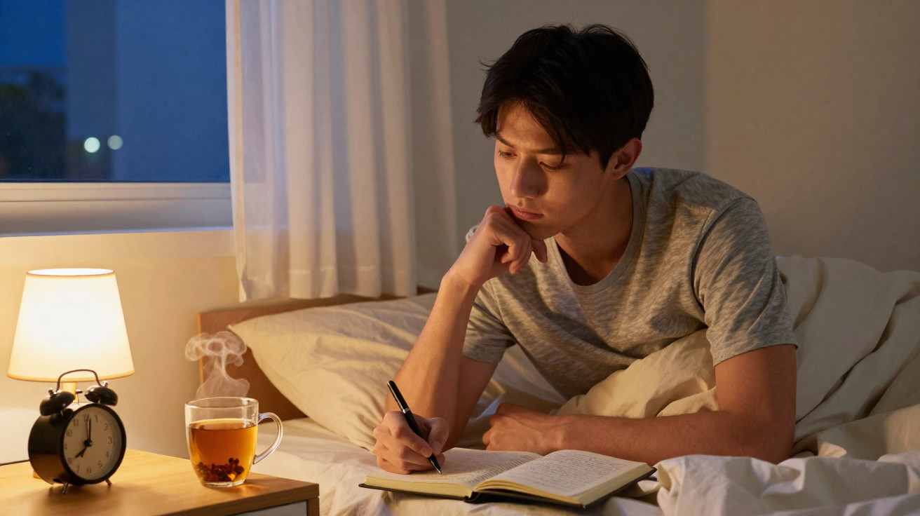 Young man writing in a notebook while sitting on a bed with a lamp, alarm clock, and steaming tea nearby at night.
