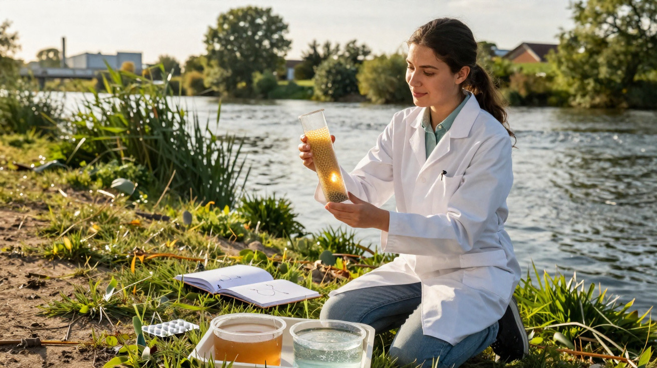 Woman in lab coat examining water sample near river with scientific equipment and notebook on grass.