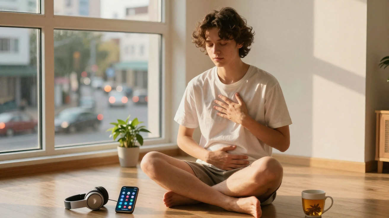Young person meditating cross-legged on a wooden floor near a window with a phone, headphones, and a cup of tea.