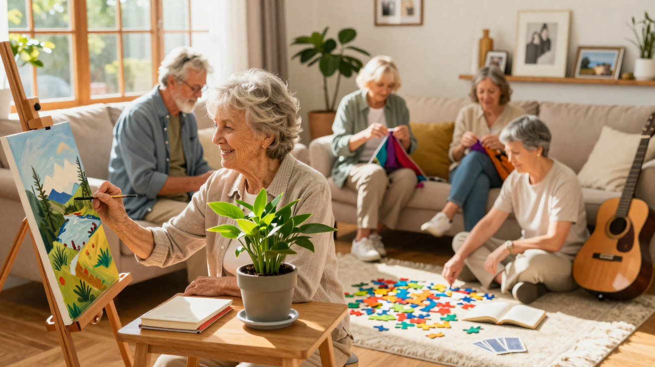 Group of elderly friends enjoying creative hobbies together in a sunlit living room setting.
