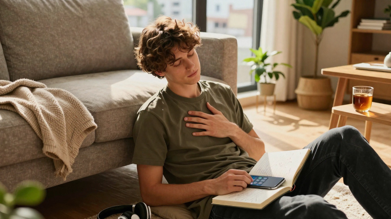 Young man sitting on floor by sofa with hand on chest, holding notebook and smartphone in bright living room.