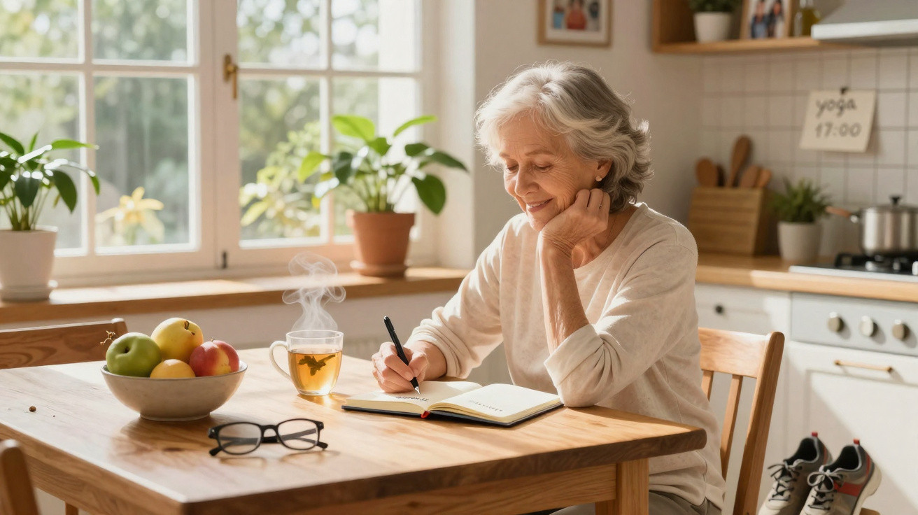 Older woman writing in a notebook at a wooden kitchen table with a steaming tea and bowl of fruit nearby.