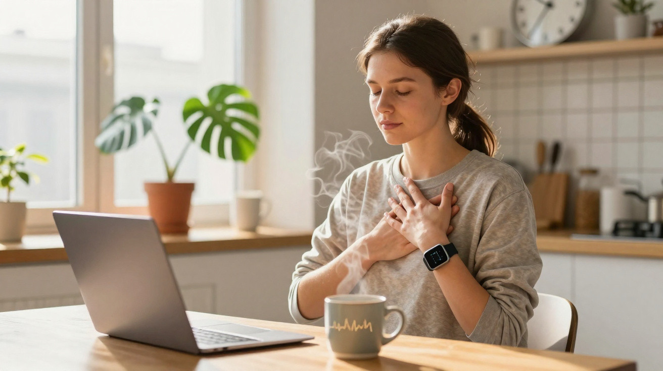 Young woman sits at a table with a laptop, holding her chest in discomfort near a steaming cup of tea.