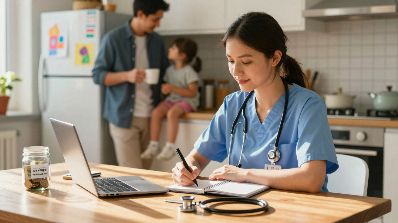 Female healthcare worker in scrubs writing notes at table with laptop, stethoscope, and jar labelled savings calculator nearb