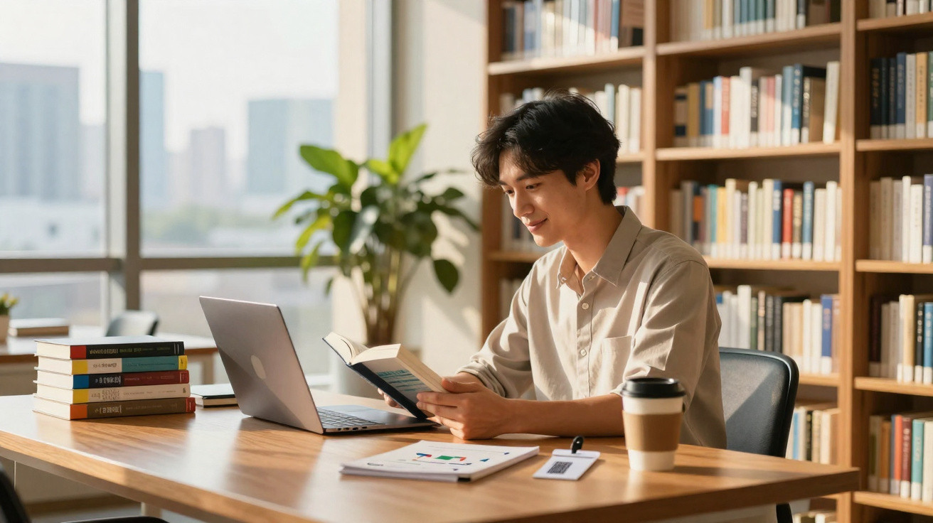 Young man reading a book at a wooden desk with a laptop, coffee cup, and books in a bright library.