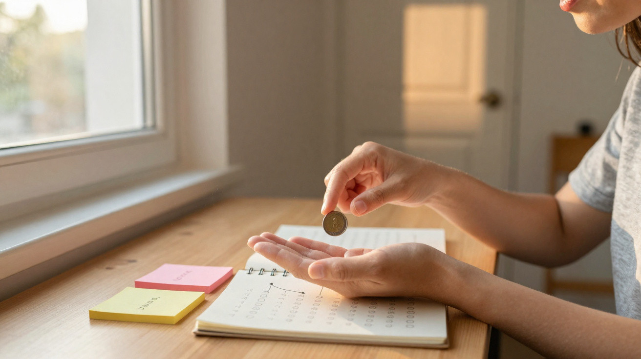 Person flipping a coin over an open notebook on a wooden desk by a window with sticky notes nearby.