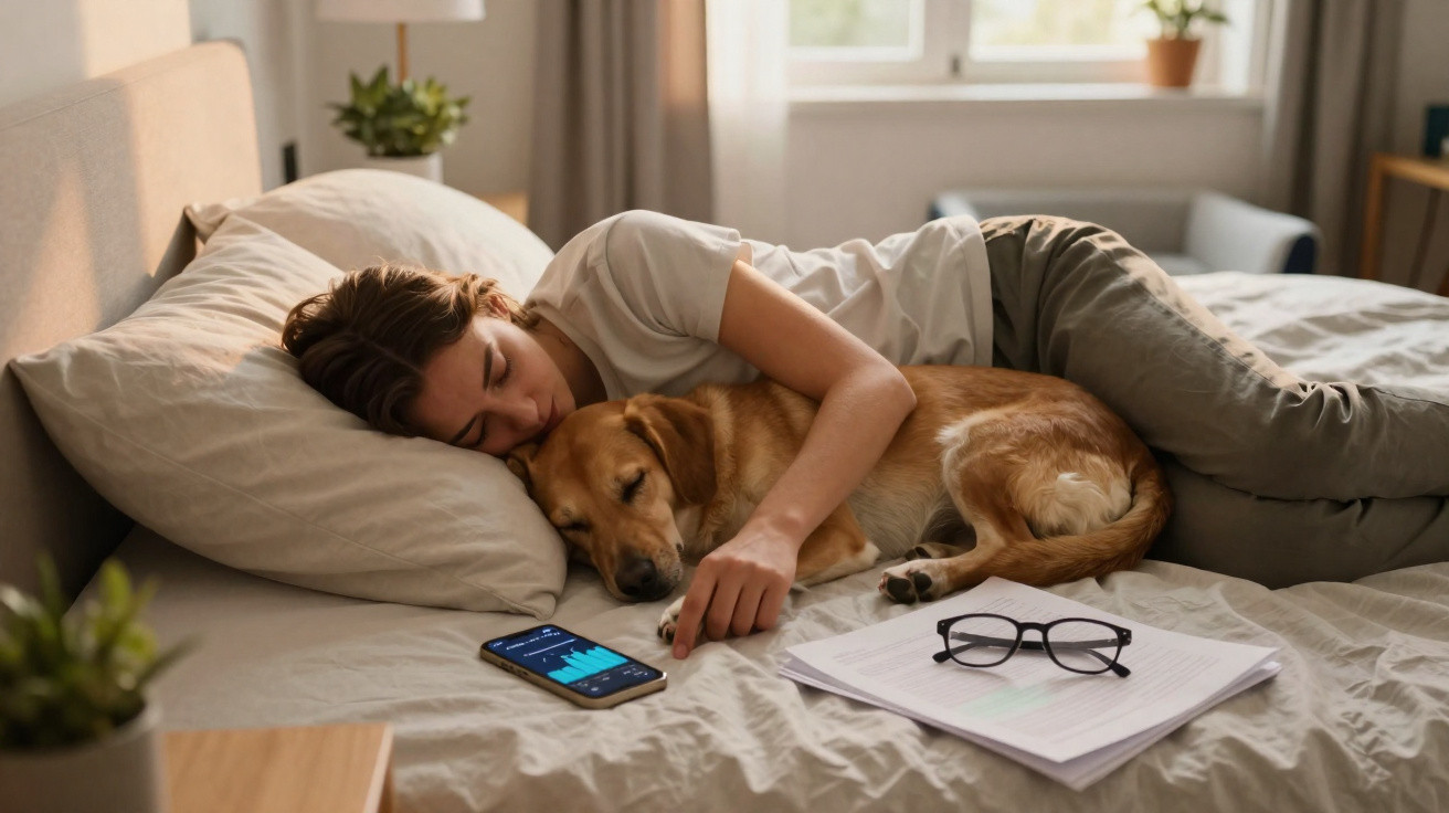 Woman lying on a bed asleep, cuddling a golden retriever dog next to a smartphone and papers with glasses.