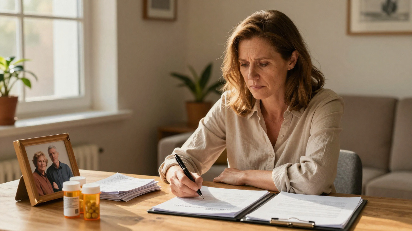 Woman with concerned expression writing on paperwork at table with medicine bottles and framed photo nearby