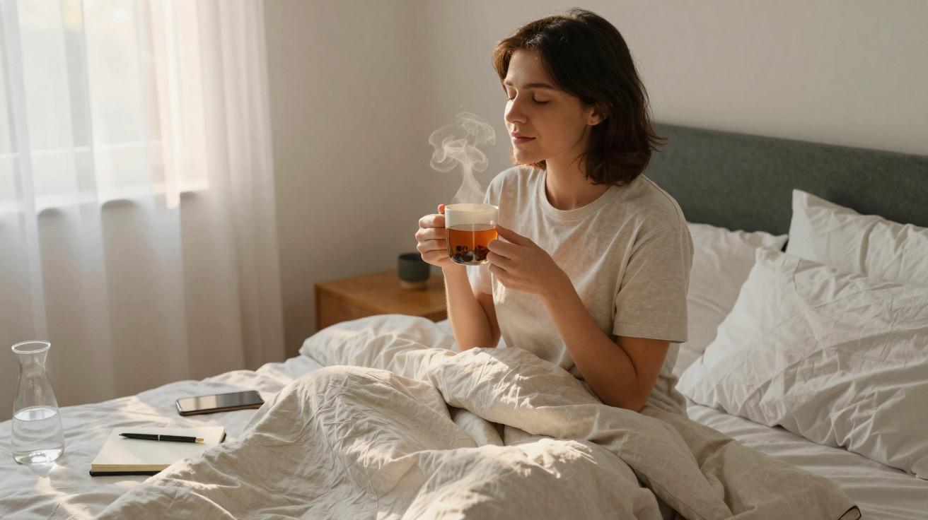 Woman sitting in bed enjoying a hot drink with eyes closed in a softly lit bedroom.