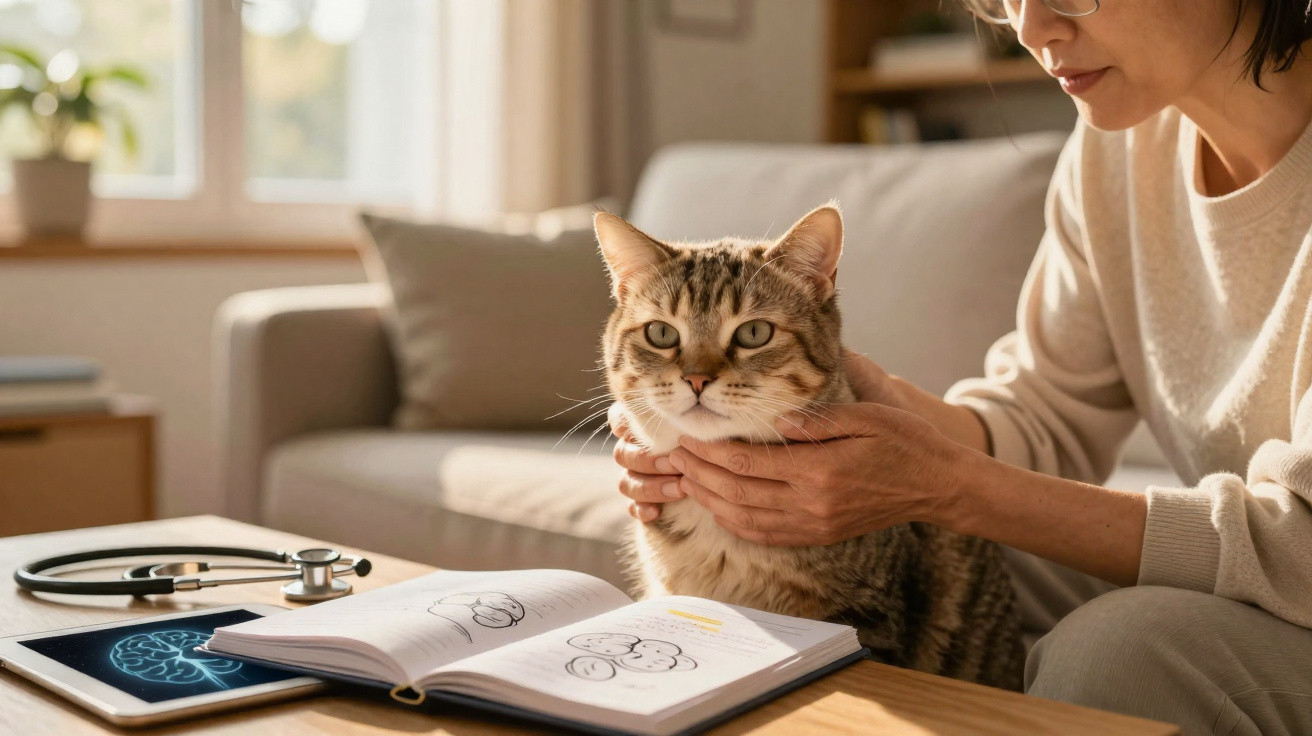 Person gently holding a tabby cat near an open book and a tablet with a brain image on a table.