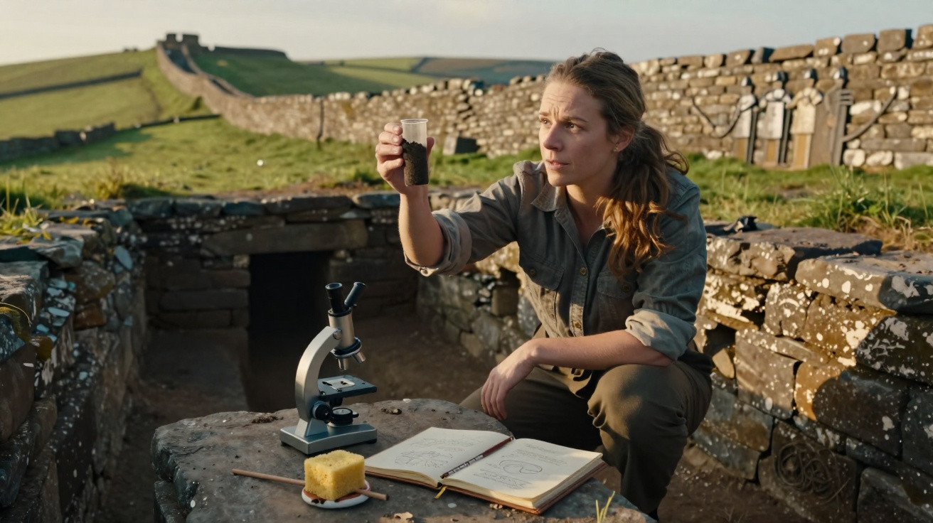 Woman archaeologist examining soil sample next to microscope and open notebook at ancient stone wall site.