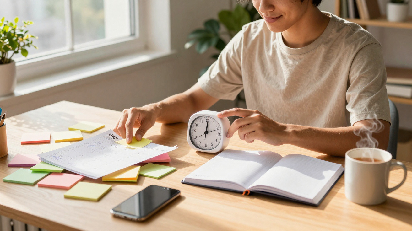 Person organising sticky notes on a calendar while holding a small clock at a desk with a notebook and coffee mug.