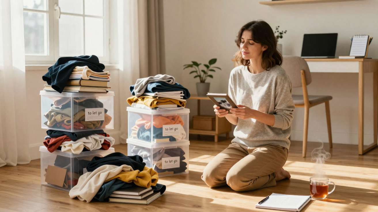 Woman sitting on wooden floor organising clothes in labelled storage boxes with tea and notebook nearby in bright room