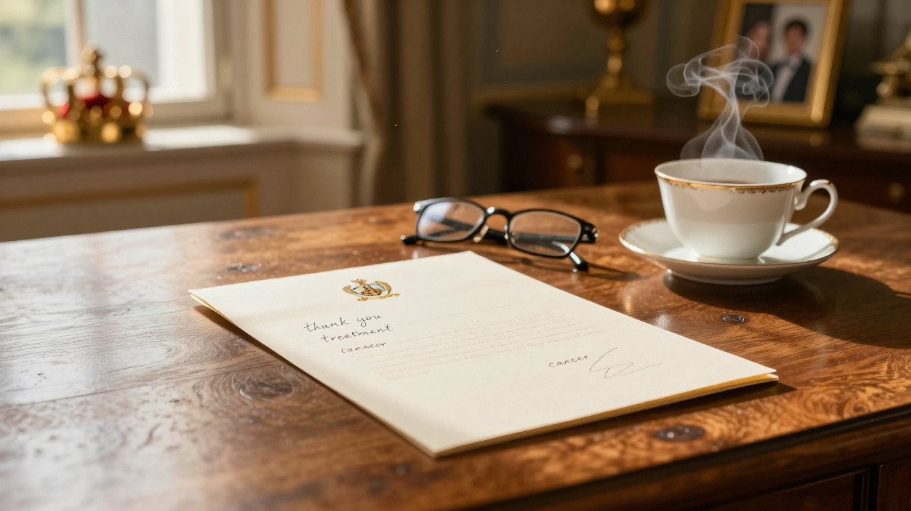 A handwritten letter on polished wooden desk next to reading glasses and a steaming cup of tea.