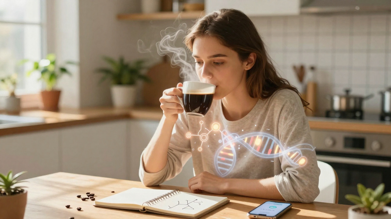 Young woman drinking coffee at kitchen table with DNA graphic overlay and open notebook.