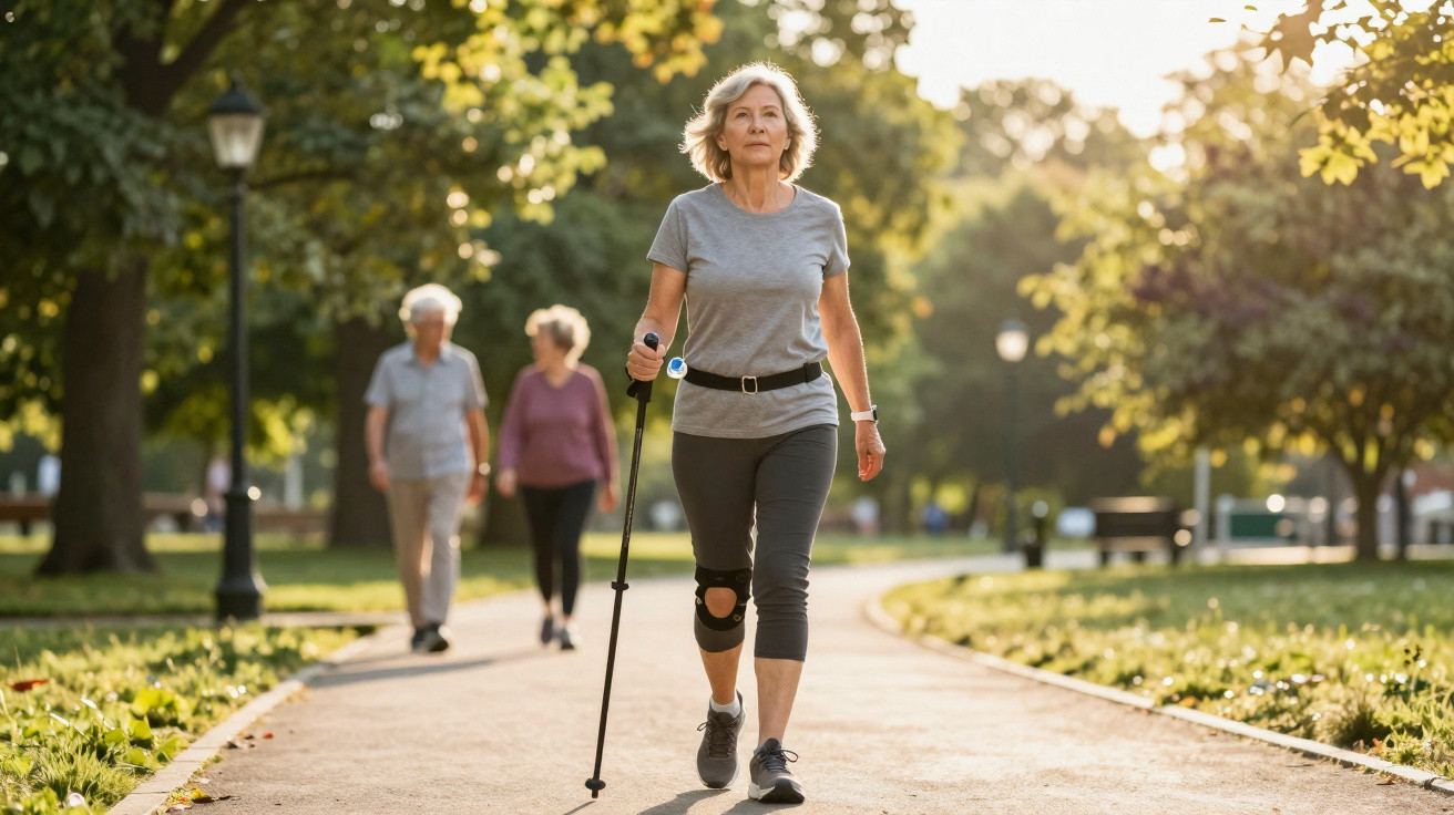 Active middle-aged woman with knee brace using walking pole in sunny park, two older adults walking behind her.