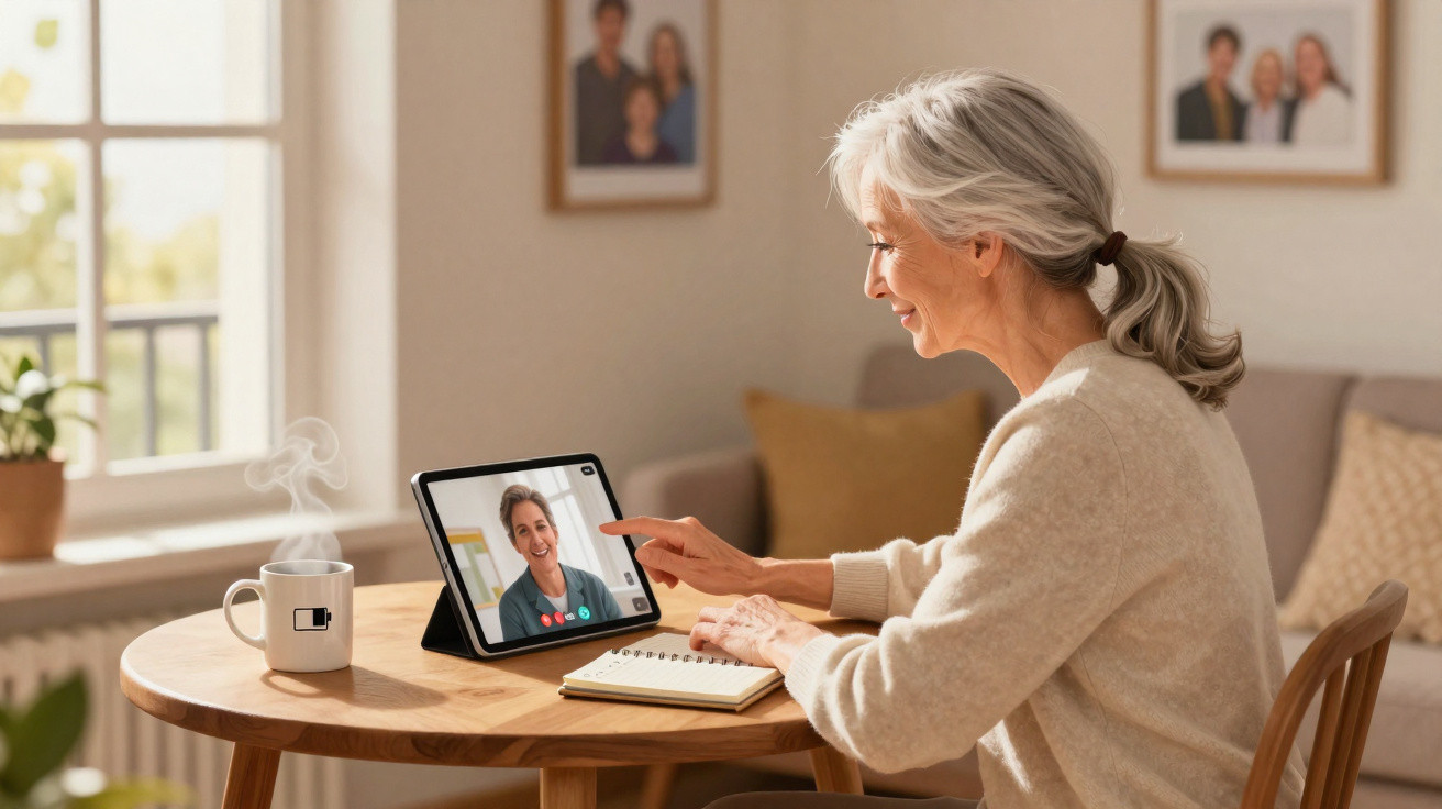 Older woman video calling on a tablet at a wooden table with a notebook and steaming mug nearby.