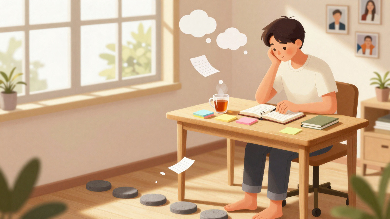 A person sitting barefoot at a desk, studying with books and tea, thinking of papers floating away.