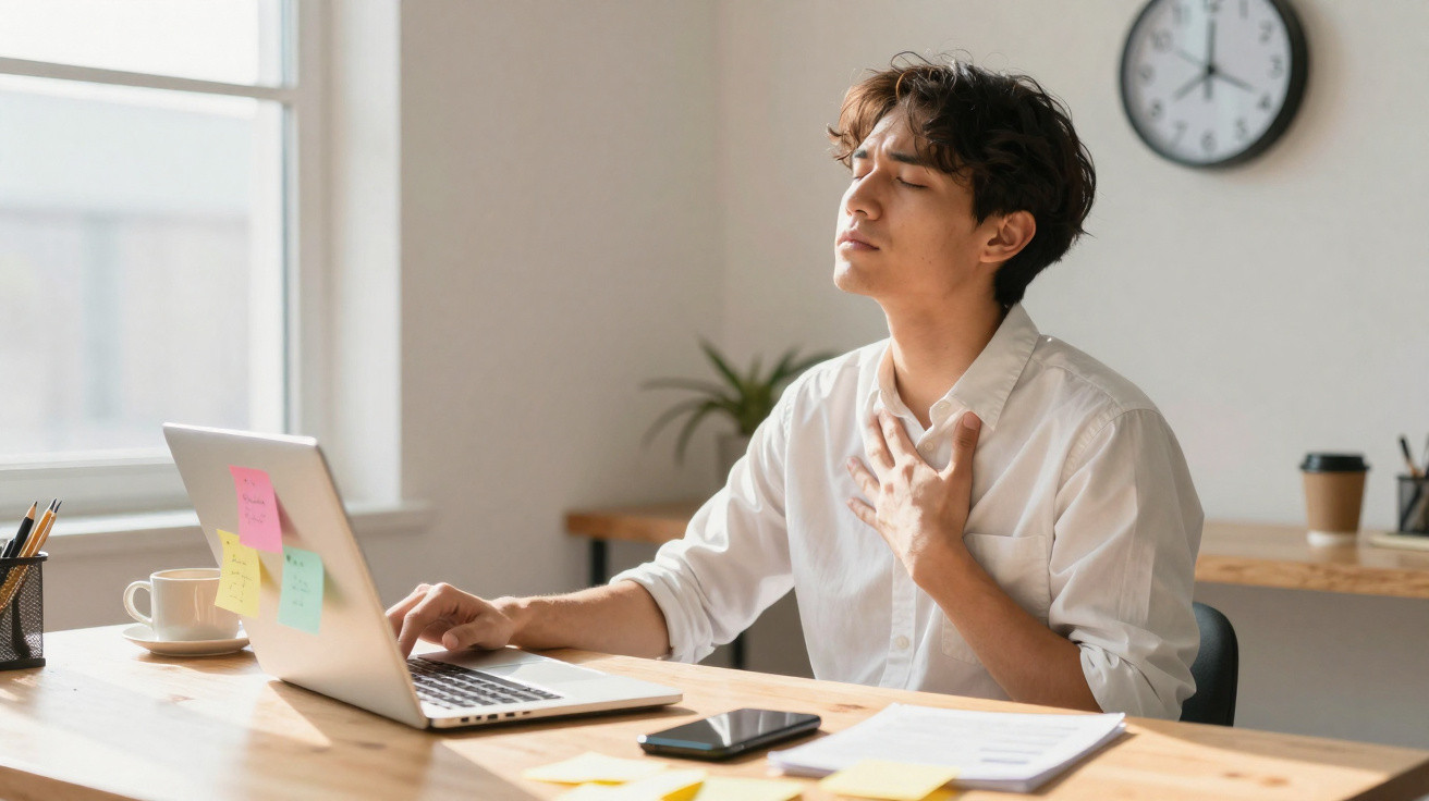 Young man sitting at desk with laptop, clutching chest in discomfort in a bright office room.