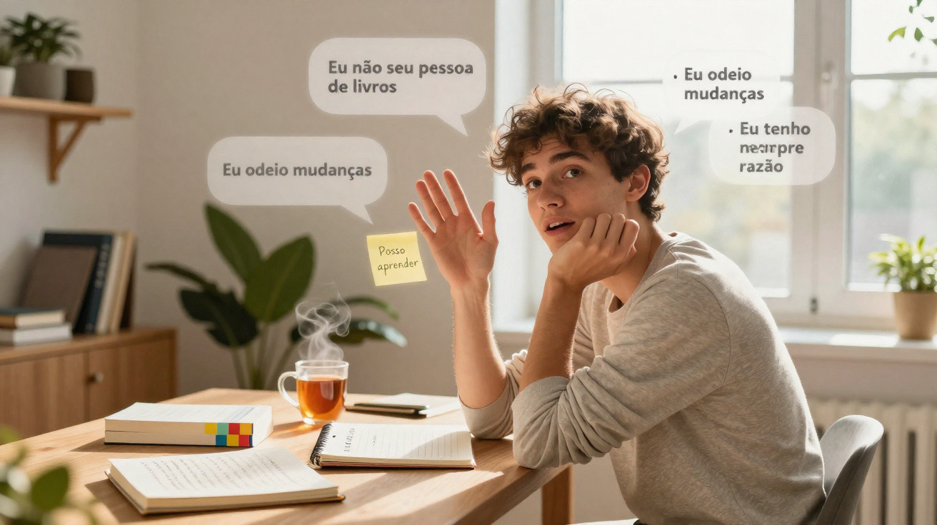 Young man sitting at a desk with books and tea, surrounded by speech bubbles in Portuguese expressing resistance to change.