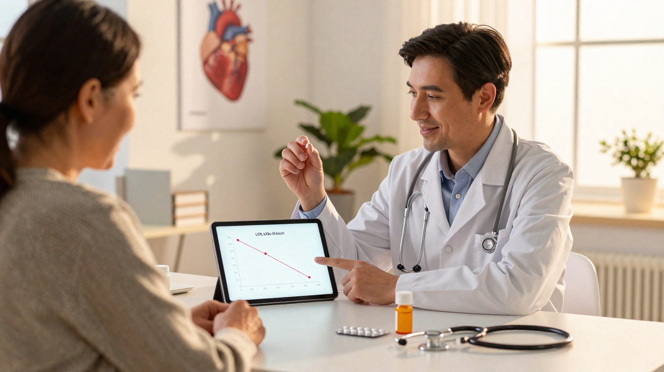 Doctor showing a patient a tablet with a declining LDL cholesterol graph during a consultation.